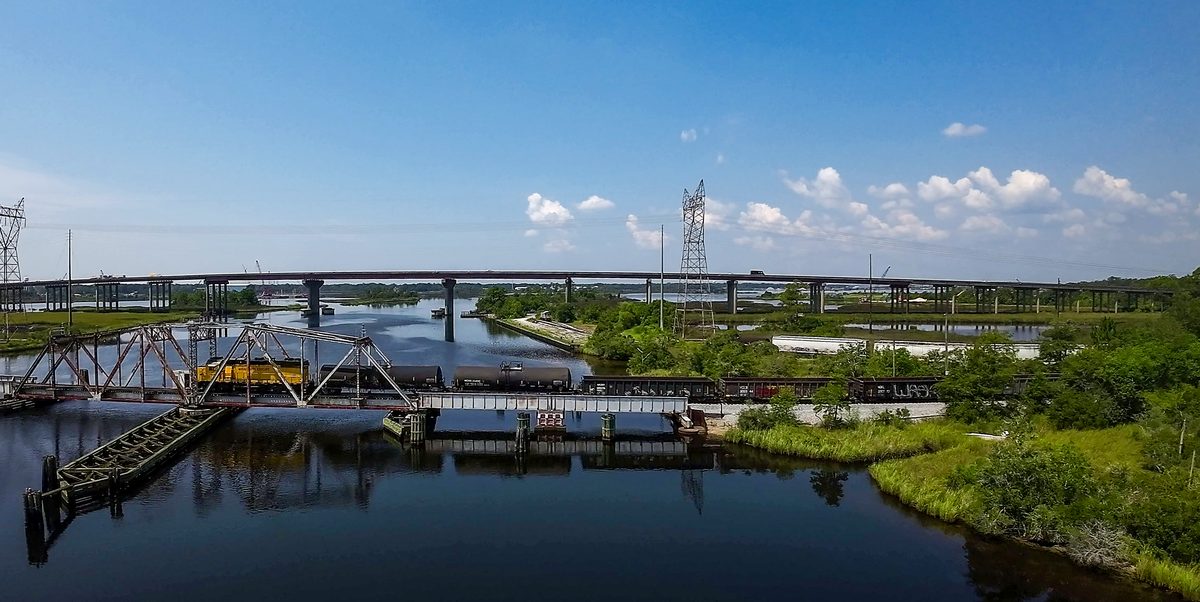 A Mississippi Export Railroad train crossing the trestle over the river in Moss Point.