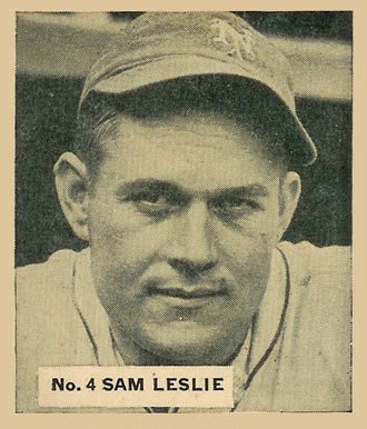 1936 baseball card of Sam Leslie.