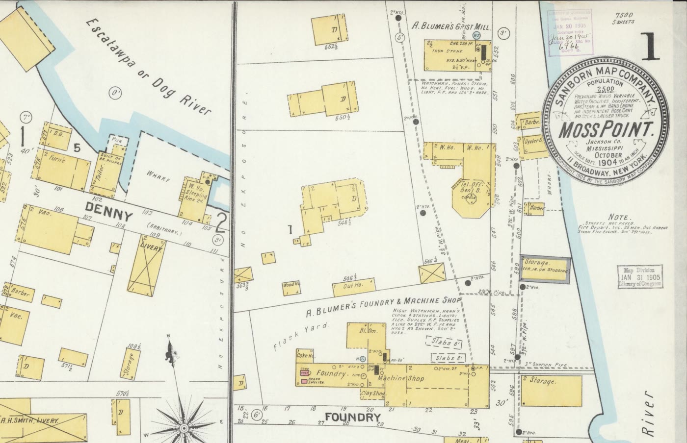 A hand drawn 1904 Sanborn insurance map of downtown Moss Point, dense blocks of yellow wood frame buildings along the Escatawpa River.