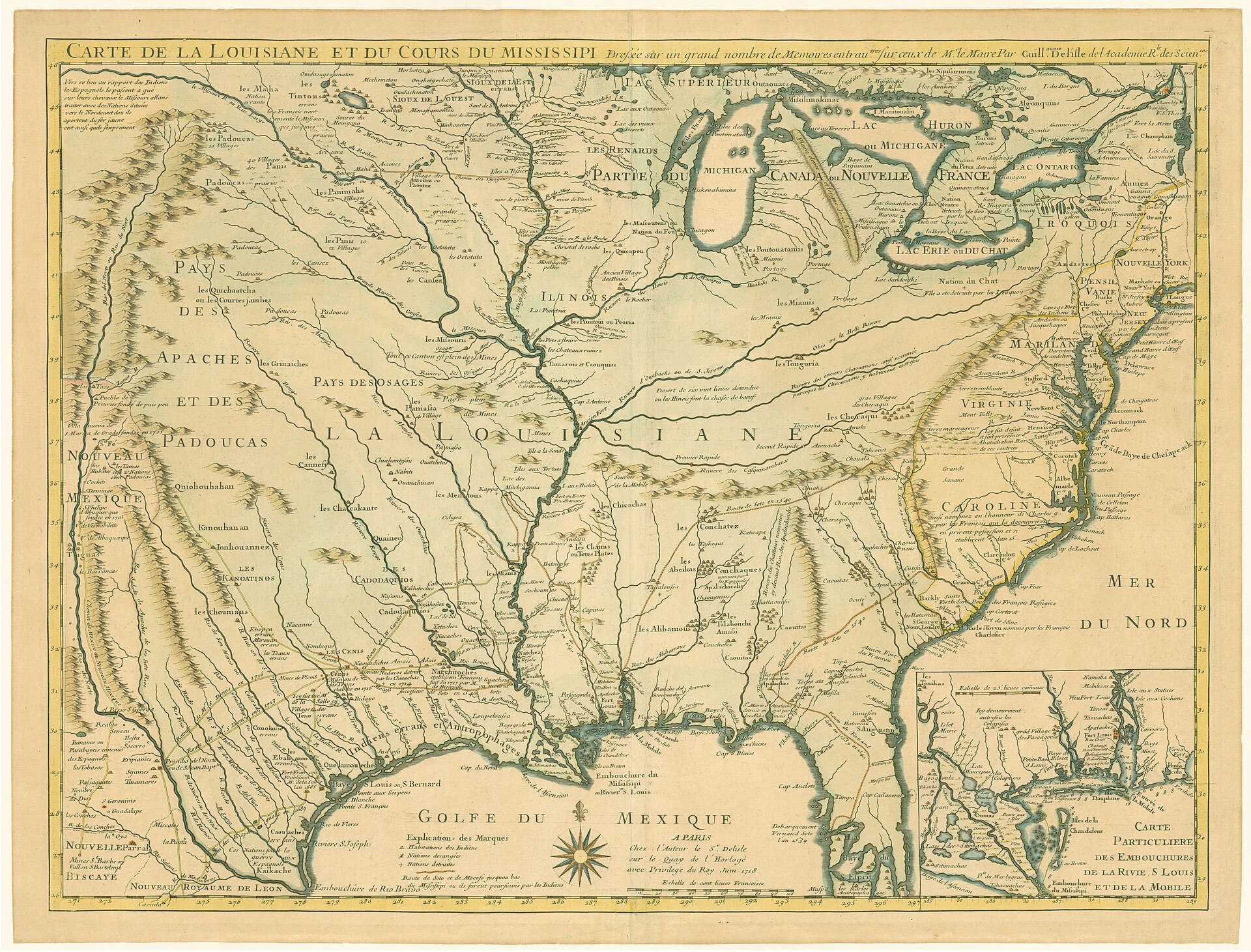 Guillaume Delisle’s 1718 map of Louisiana and the Gulf Coast, showing the rivers and the coastline.