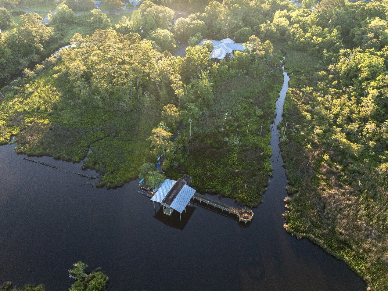 An aerial view of the Audubon Center's covered dock and boardwalk reaching into the dark water of Rhodes Bayou, the center's roof showing through the trees beyond.
