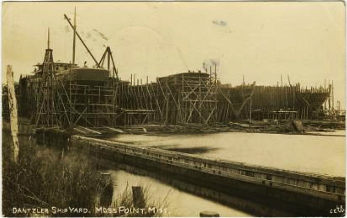 Wooden ships under construction at the Dantzler Ship Yard in Moss Point around 1910.