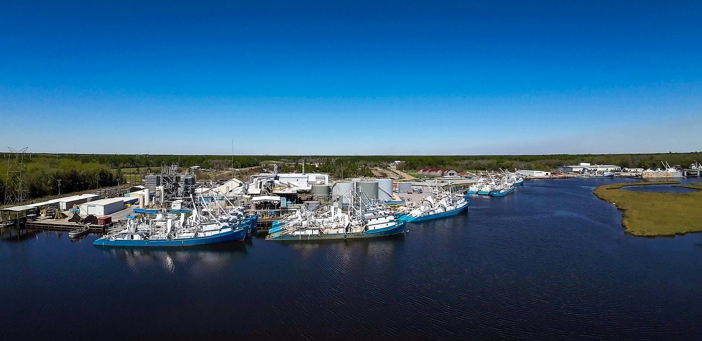 An aerial view of the Omega Protein menhaden fleet docked along the Escatawpa River at Moss Point.