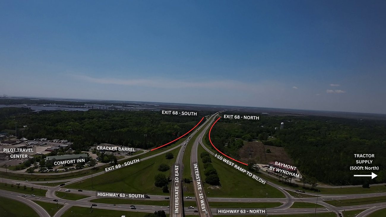 An aerial view of the Interstate 10 corridor through Moss Point, the River City Mile.