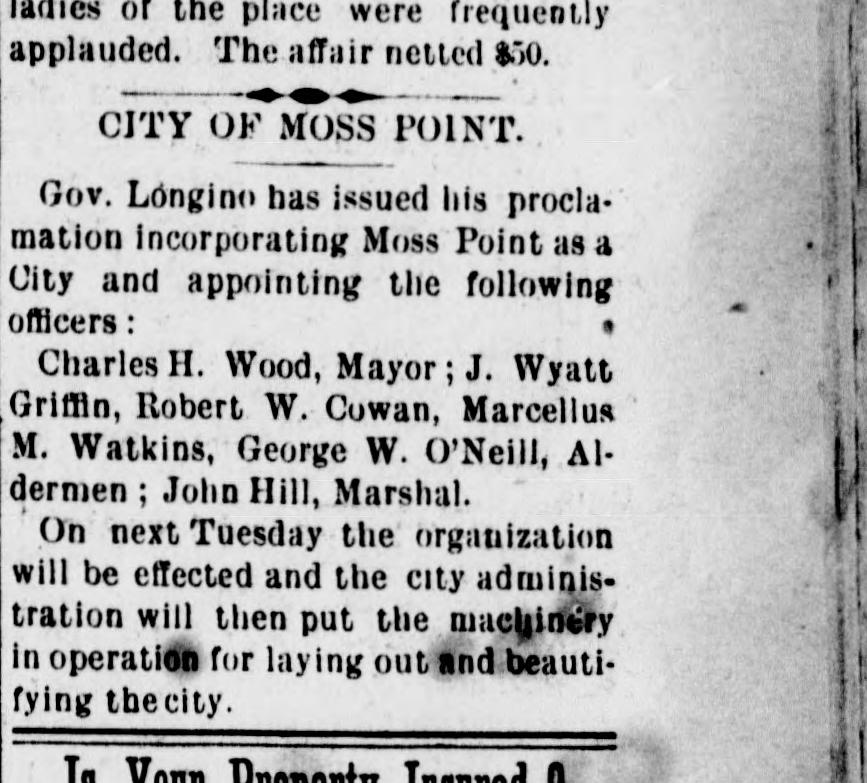 An 1901 newspaper clipping of Governor Longino’s proclamation naming Moss Point’s first city officers, including John Hill, Marshal.
