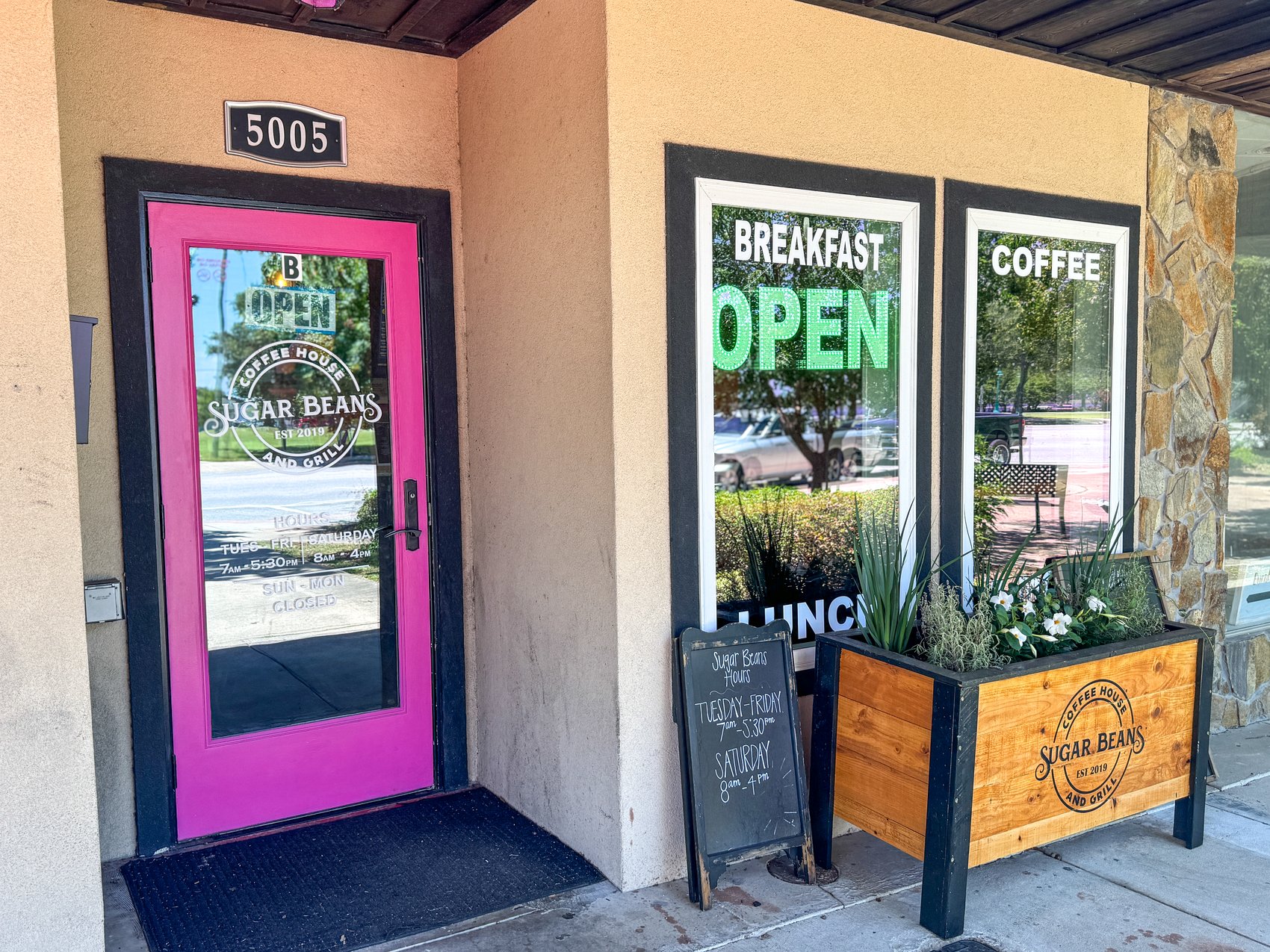 Sugar Beans coffee shop storefront on the downtown corridor