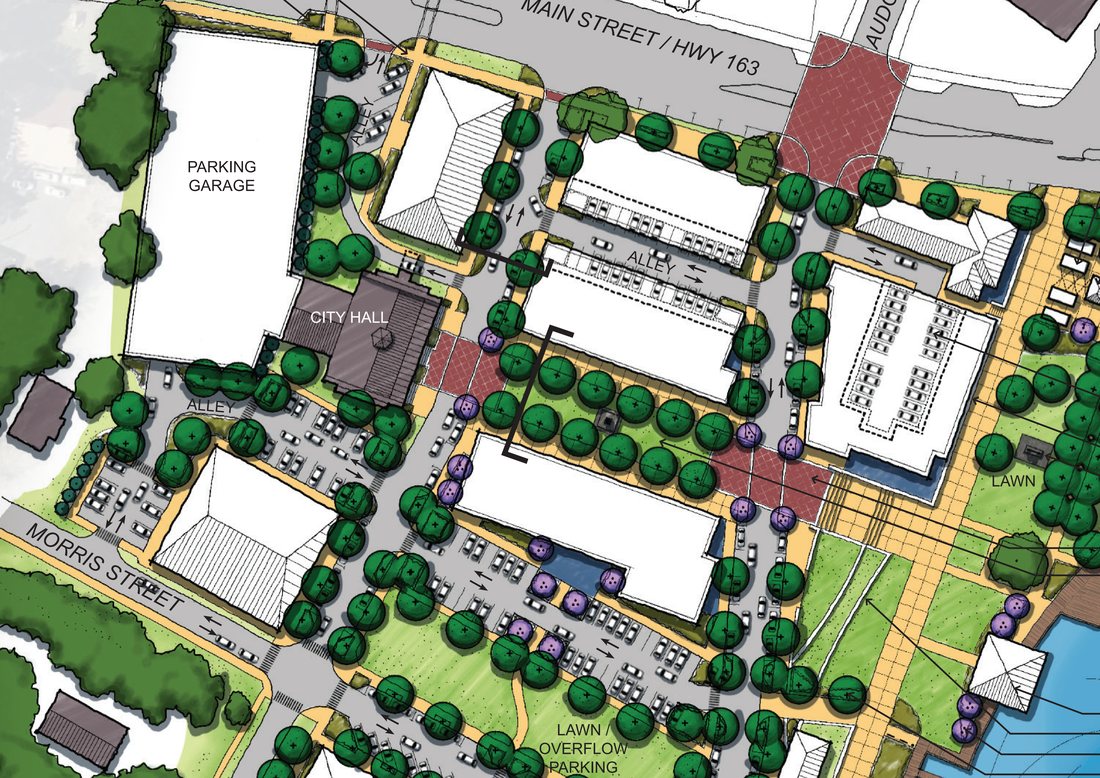 Master plan detail of the downtown core with City Hall, parking garage, and Main Street blocks
