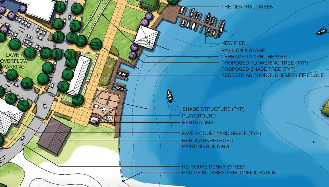 Master plan detail of the civic green with pavilion and stage, terraced amphitheater, playground, and marina