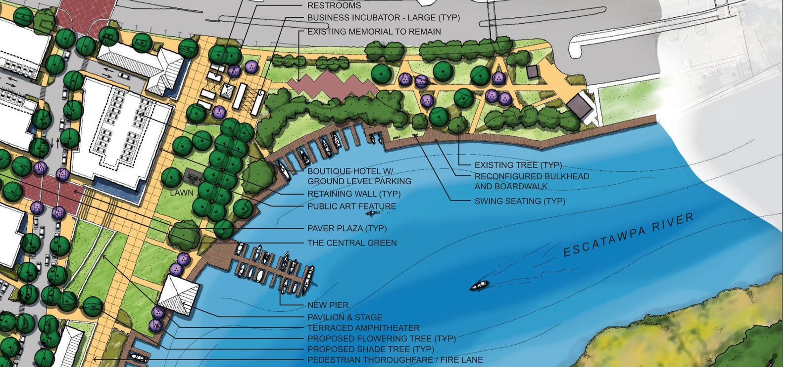 Master plan detail of the Escatawpa river edge with new pier, central green, and reconfigured boardwalk