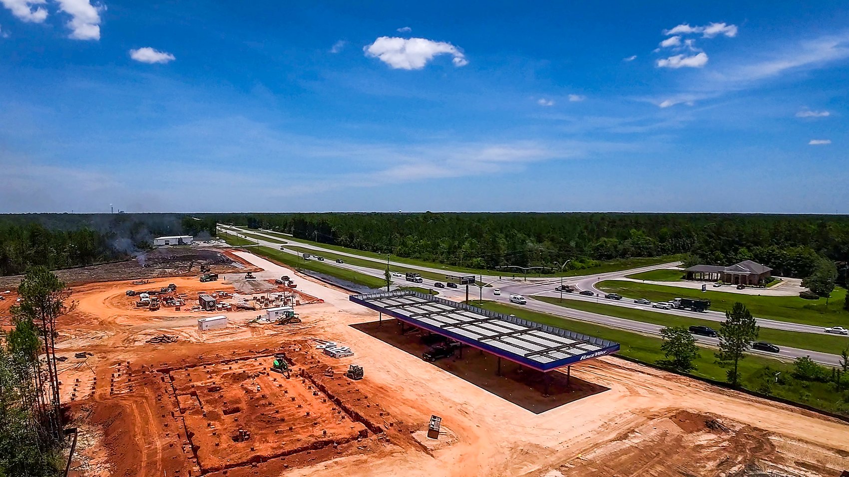 Aerial drone view of the Raceway truck stop under construction