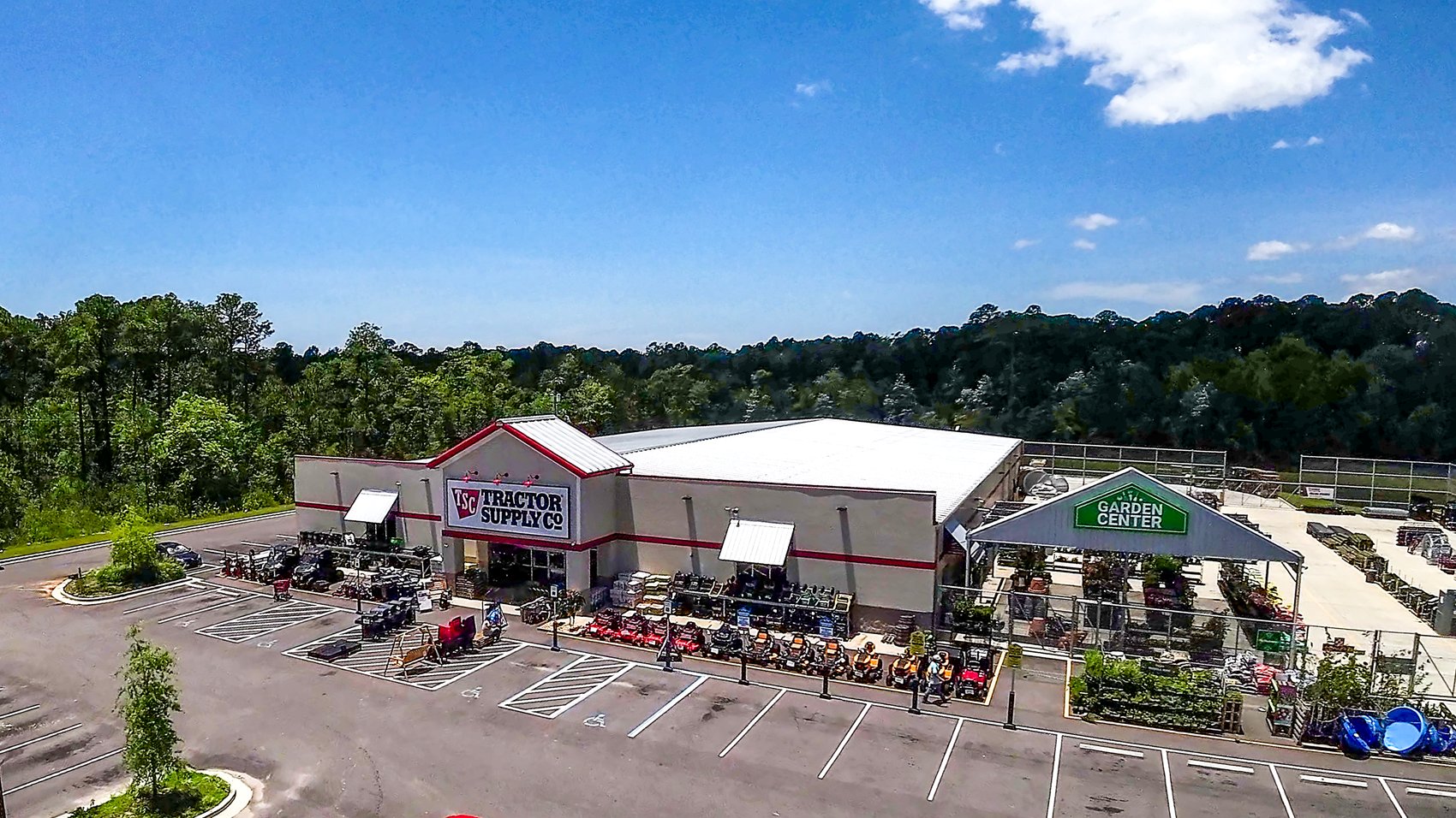 Aerial drone view of the operating Tractor Supply store