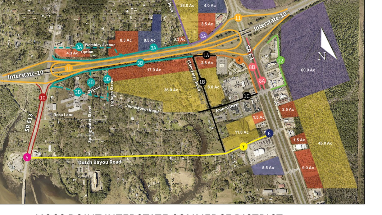 Land use plan detail of the full I-10 corridor showing color-coded commercial parcels with acreages, SR 63, Elder Ferry Road, and the phased service-road improvements