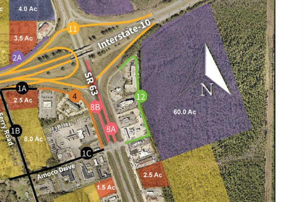 Land use plan detail of the SR 63 commerce node with a 60-acre big-box parcel and frontage parcels beside the existing retail anchors