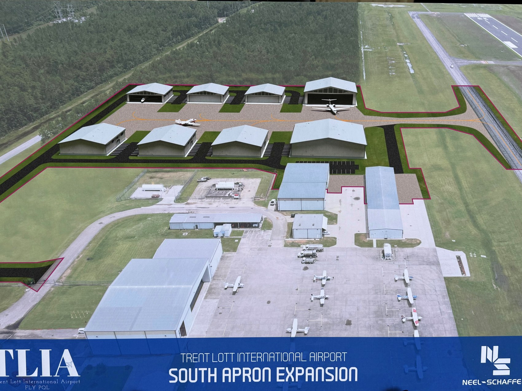 South apron expansion concept showing rows of new aircraft hangars