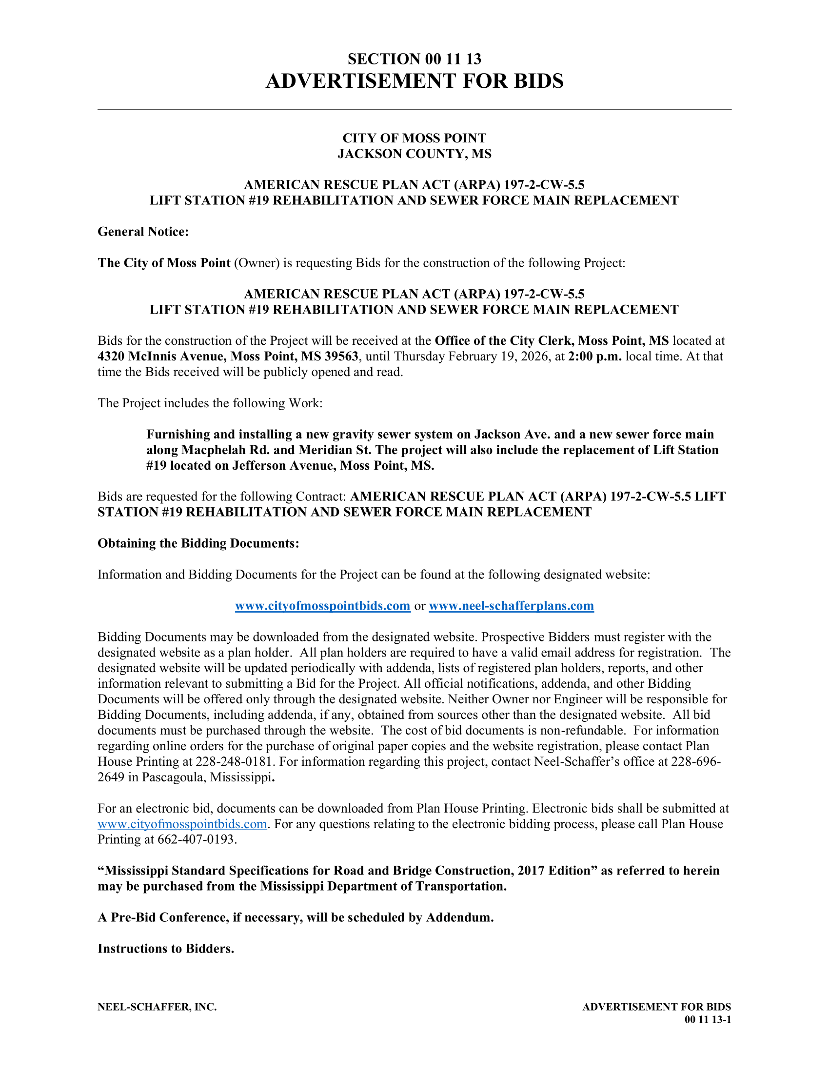 City of Moss Point Advertises for Bids on Lift Station 19 Rehabilitation and Sewer Improvements