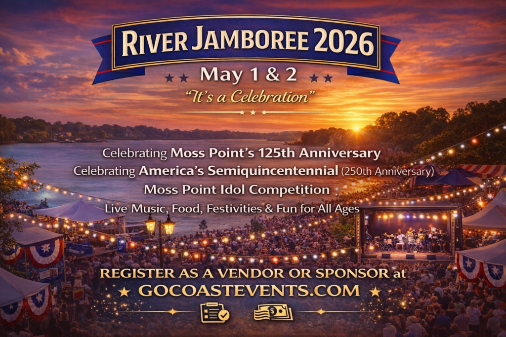 River Jamboree 2026 promotional image announcing the event on May 1 and 2 celebrating Moss Point's 125th anniversary and America's Semiquincentennial with the Moss Point Idol Competition live music food festivities and fun for all ages