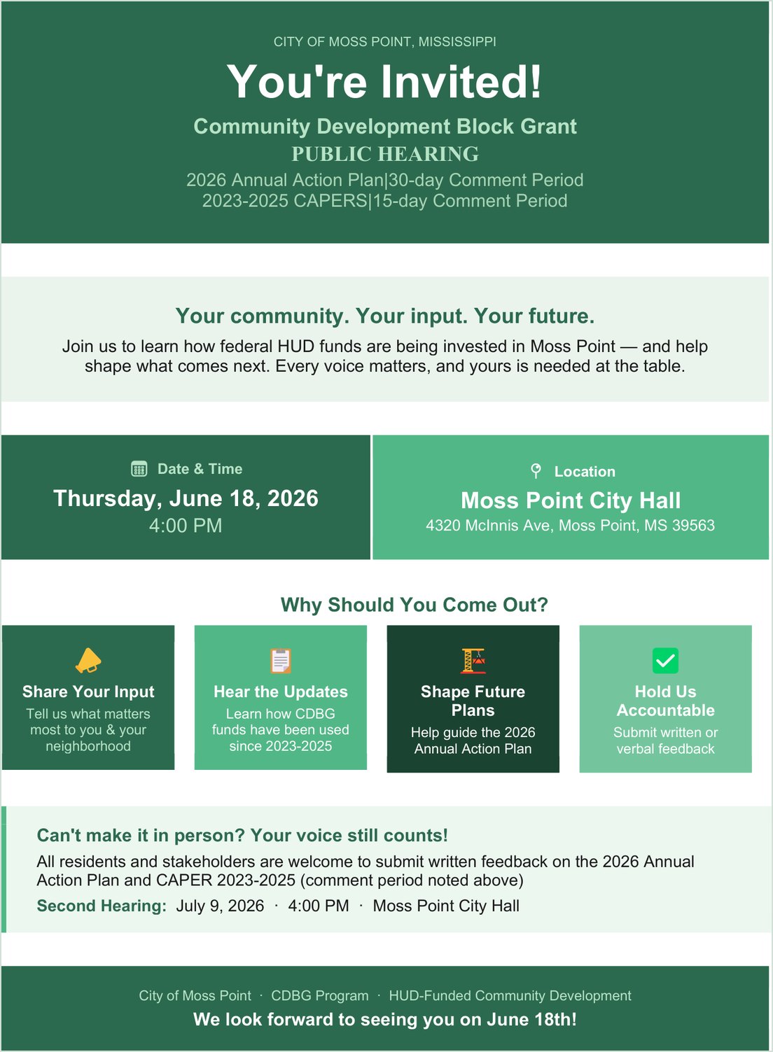 City of Moss Point invitation to Community Development Block Grant public hearings on June 18 and July 9, 2026 at 4:00 p.m. at Moss Point City Hall