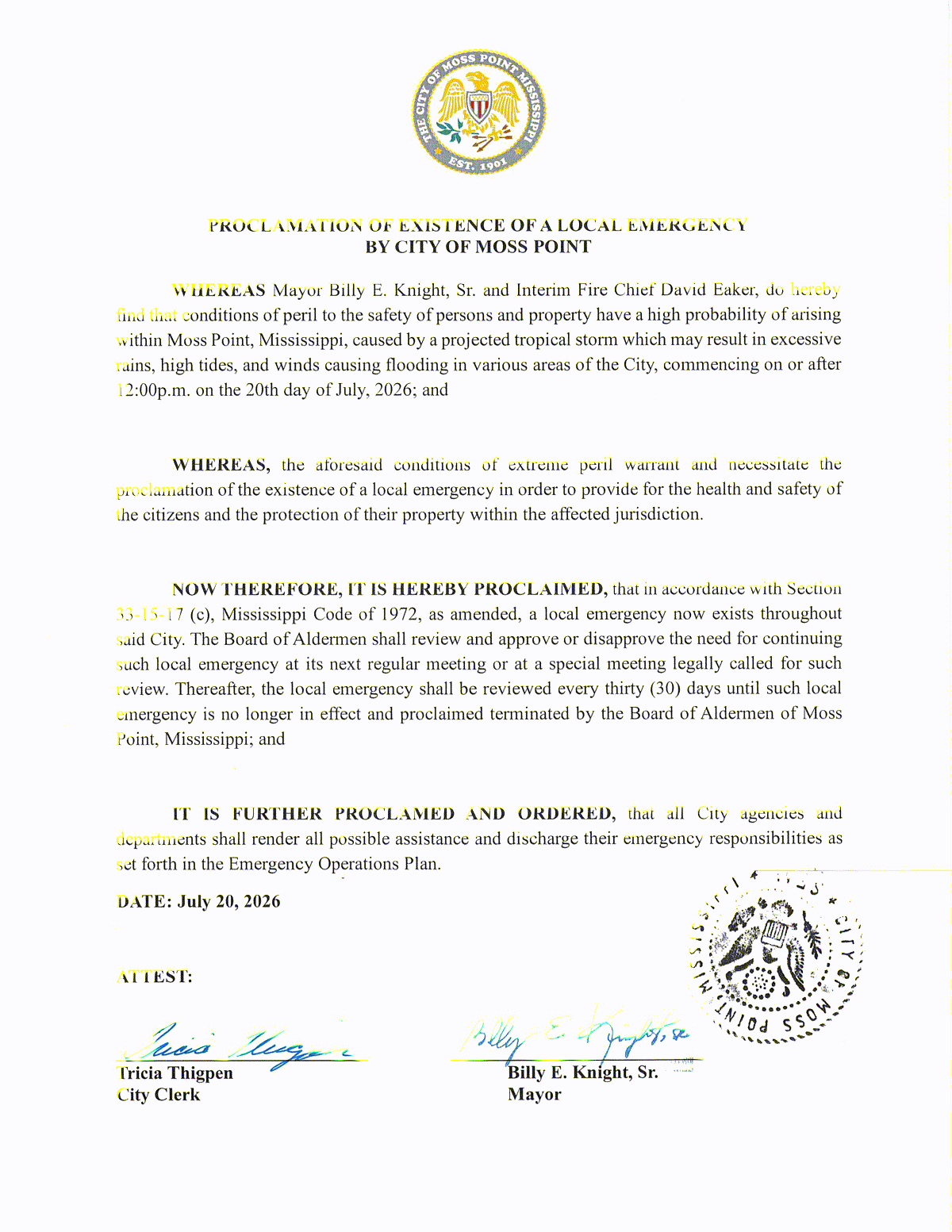 Proclamation of Existence of a Local Emergency by the City of Moss Point, signed July 20, 2026 by Mayor Billy E. Knight Sr. and attested by City Clerk Tricia Thigpen