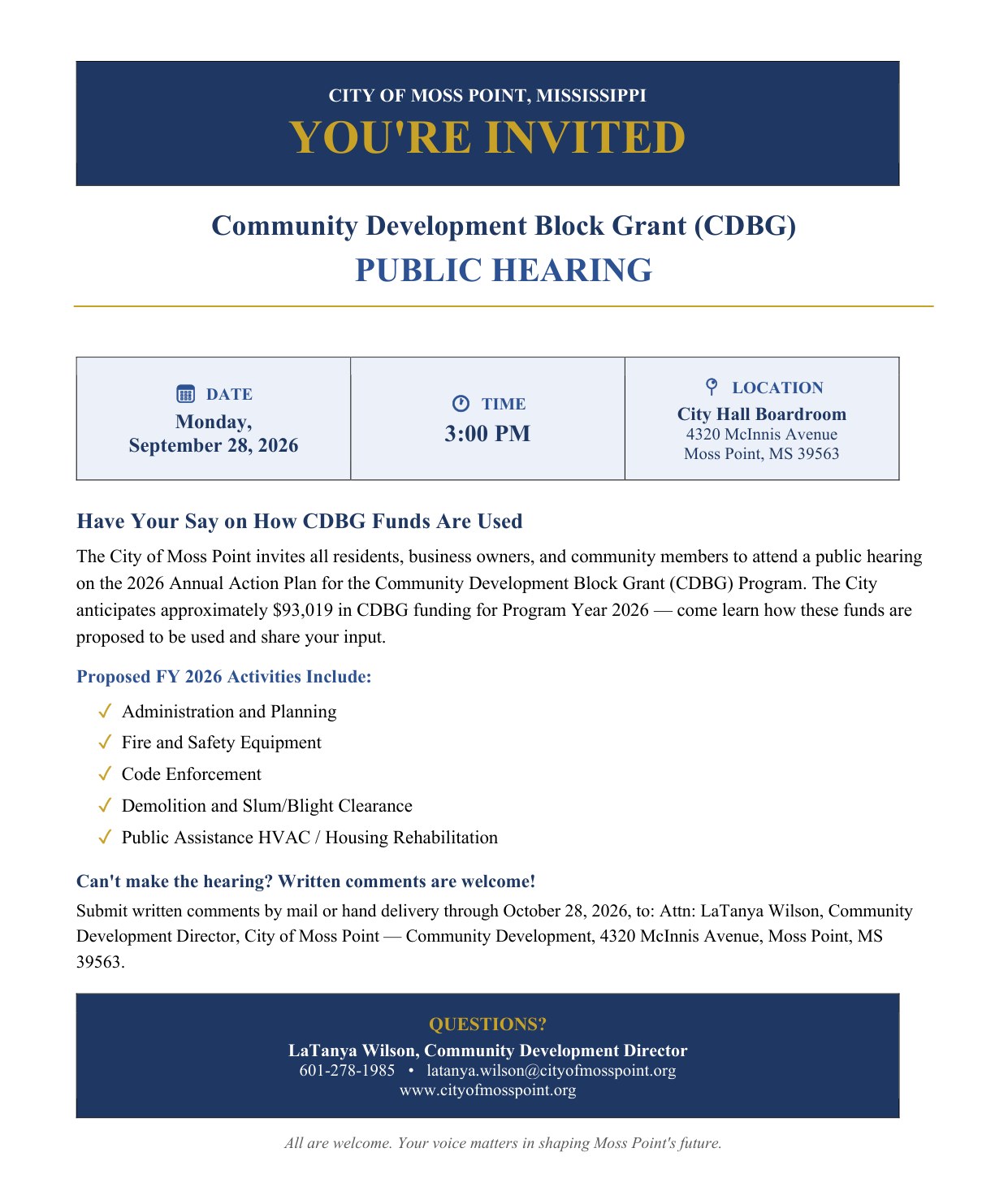 City of Moss Point invitation to a Community Development Block Grant public hearing on Monday, September 28, 2026 at 3:00 p.m. in the City Hall Boardroom, 4320 McInnis Avenue