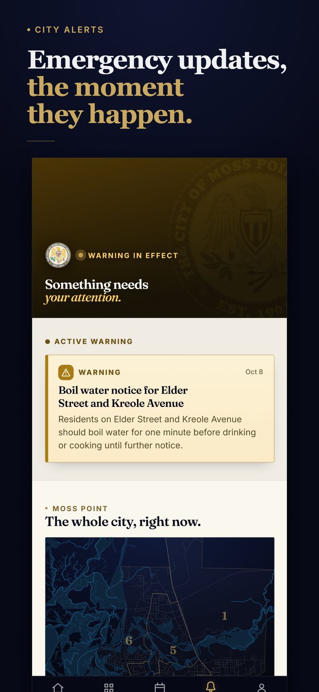 City alerts screen in the City of Moss Point app showing an example boil water warning for two streets above a map of the city