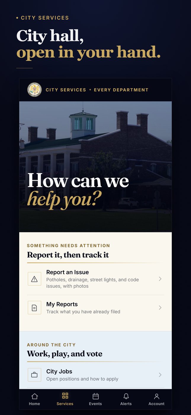 City services screen in the City of Moss Point app with links to Report an Issue, My Reports and City Jobs