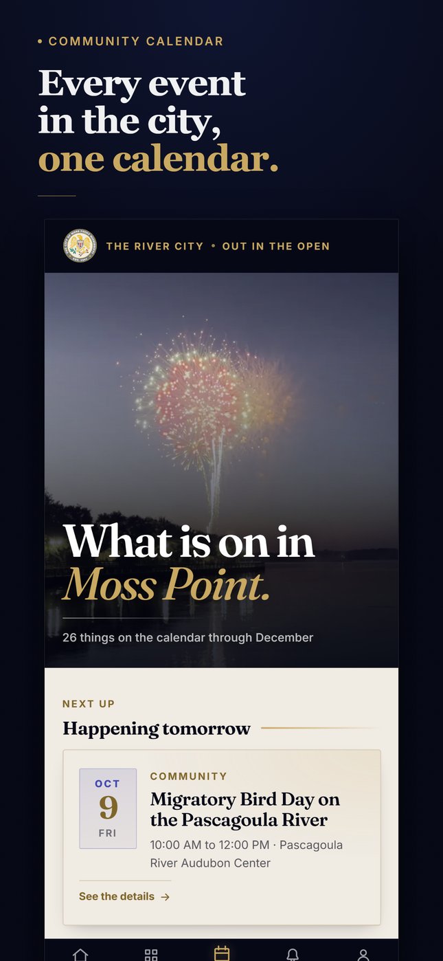 Events screen in the City of Moss Point app showing the community calendar and the next event, Migratory Bird Day at the Pascagoula River Audubon Center