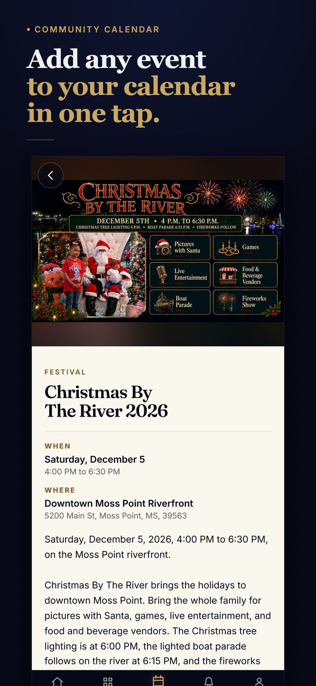 Event page in the City of Moss Point app for Christmas By The River 2026, Saturday, December 5, 4:00 PM to 6:30 PM at the downtown Moss Point Riverfront
