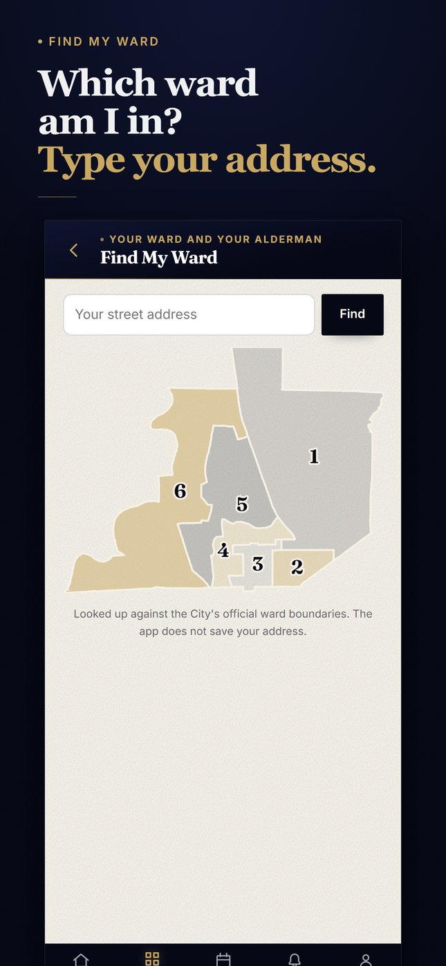 Find My Ward screen in the City of Moss Point app with a street address search box above a map of the city's wards
