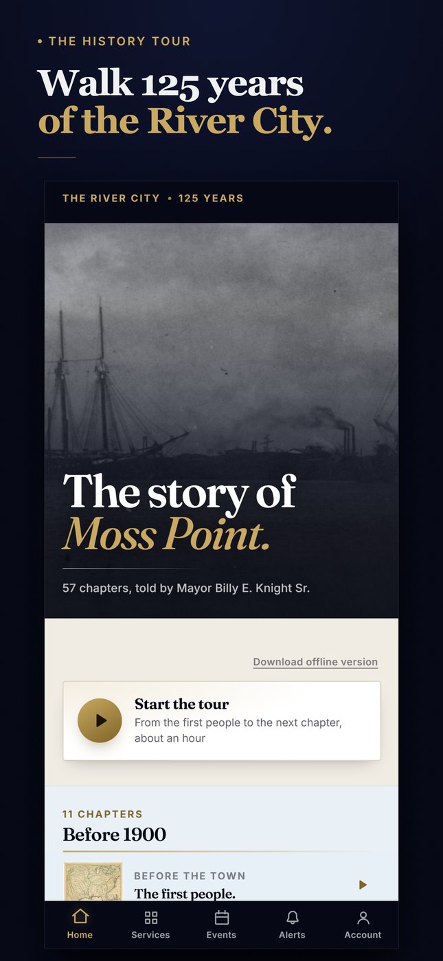 History tour screen in the City of Moss Point app titled The Story of Moss Point, with a button to start the tour