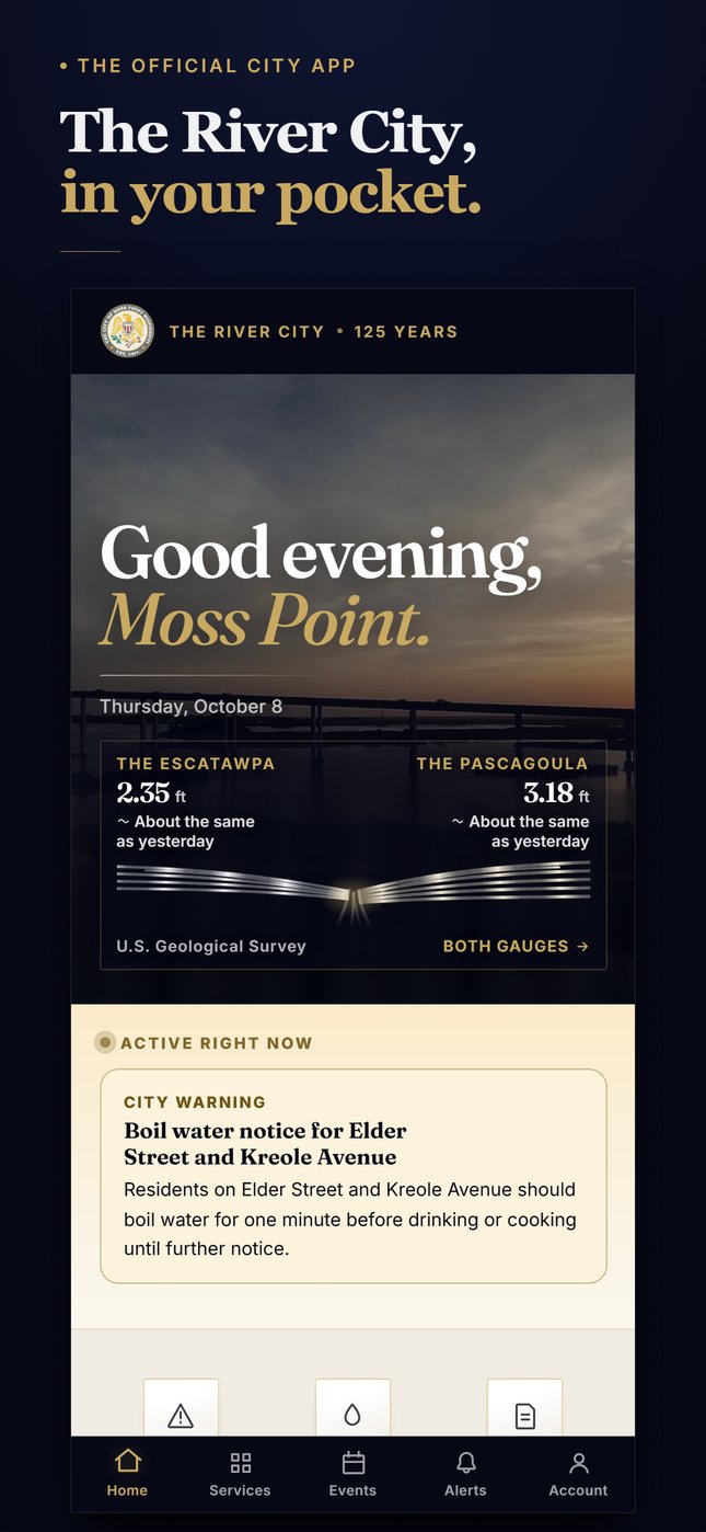 Home screen of the City of Moss Point app with live Escatawpa and Pascagoula river levels from the U.S. Geological Survey and an example city alert