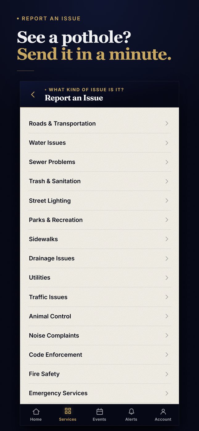 Report an Issue screen in the City of Moss Point app listing problem types such as roads, water, sewer, trash, street lighting and drainage