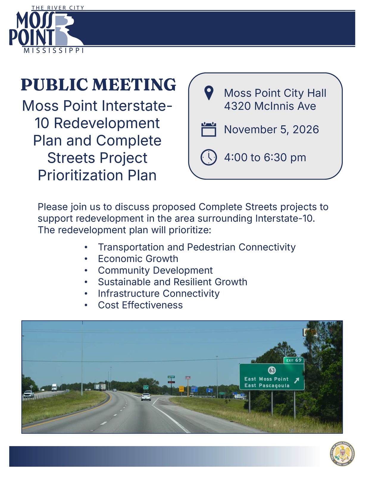 Public meeting notice for the Moss Point Interstate 10 Redevelopment Plan and Complete Streets Project Prioritization Plan, Thursday, November 5, 2026, 4:00 to 6:30 p.m., Moss Point City Hall, 4320 McInnis Avenue