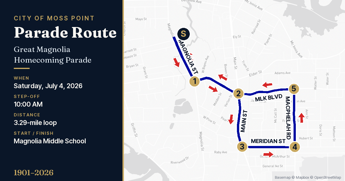 Map of the Great Magnolia Homecoming Parade route through downtown Moss Point on July 4, 2026, a loop of about 3.3 miles that starts and finishes at Magnolia Middle School